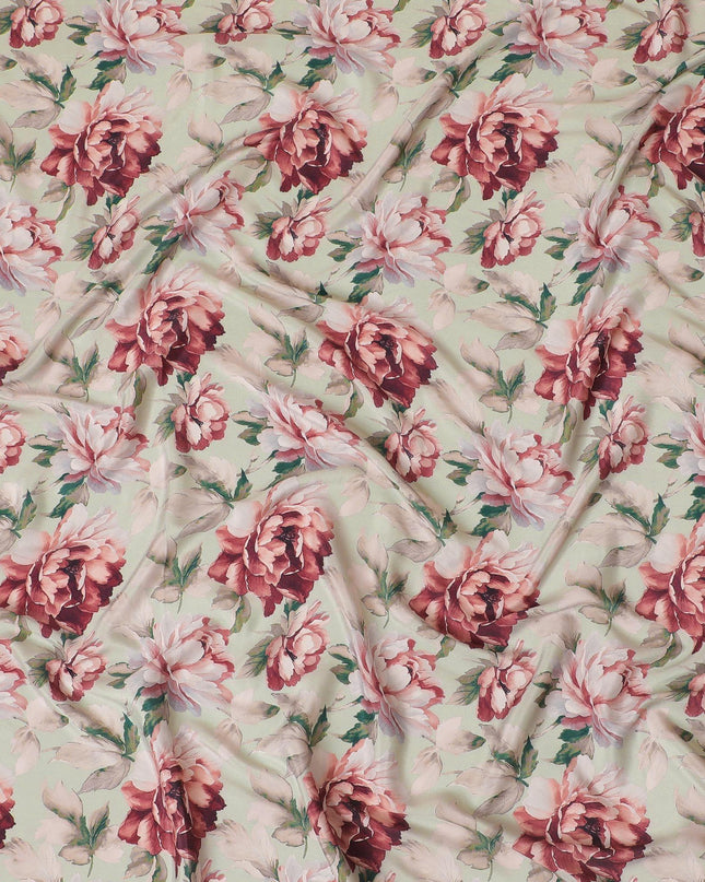 قماش كريب صناعي أخضر لوريل مع طباعة متعددة الألوان بتصميم زهور-D15033