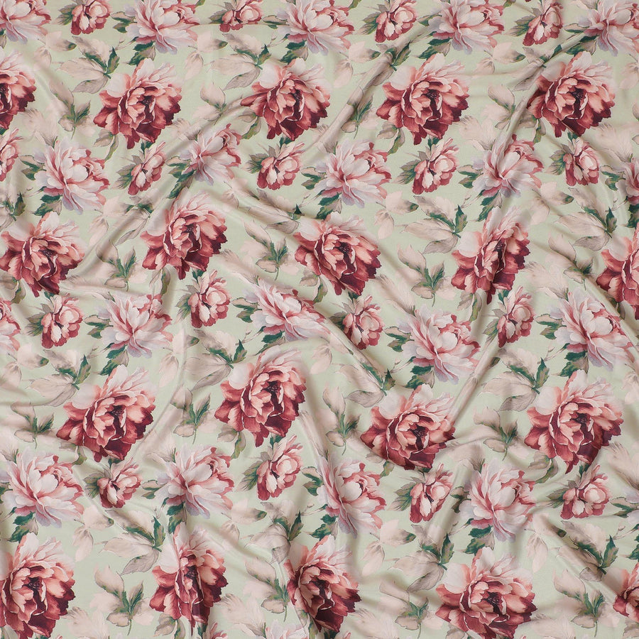 قماش كريب صناعي أخضر لوريل مع طباعة متعددة الألوان بتصميم زهور-D15033