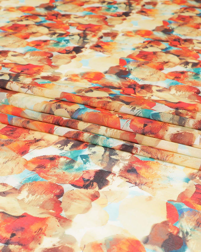 Blonde yellow cotton voile fabric with orange, brown and turquoise blue print in fancy design-D6758