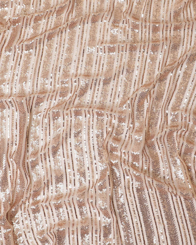 Light peach wrinkle chiffon fabric with gold sequins embroidered in stripe design-D12511
