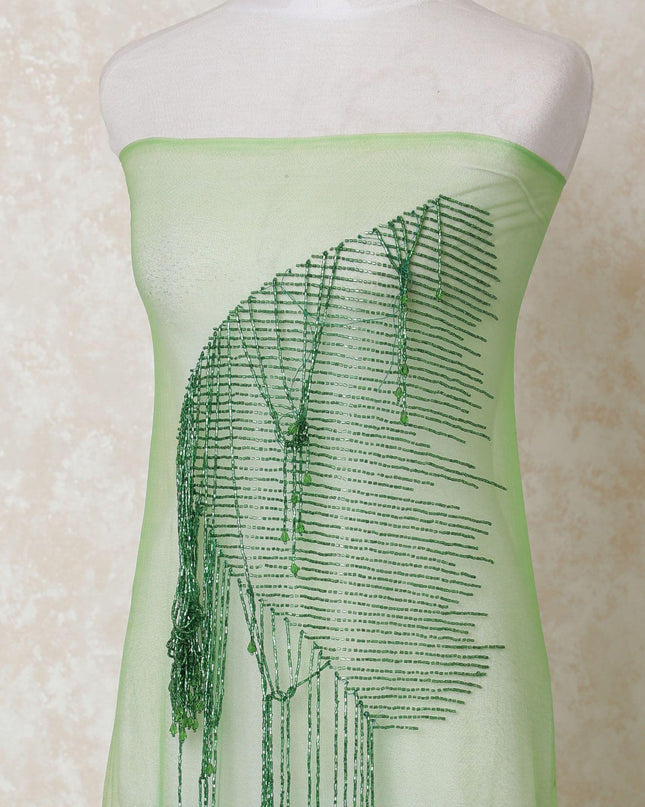 Lime green nylon tulle fabric with same tone bead work and sequin work in fancy design-D14398