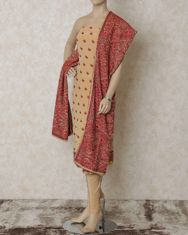 Beige silk crepe kameez with multicolor embroidery having stone work in paisley design. Beige plain salwar having same tone chiffon dupatta with multicolor embroidery and stone work-D12662