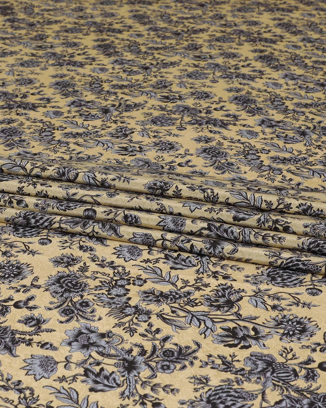 Sage green silk crepe fabric with black and grey print in floral design-D8397 Regal Fabrics