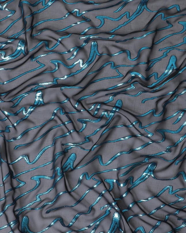 Black Premium pure silk chiffon with blue metallic lurex in abstract design-D11363