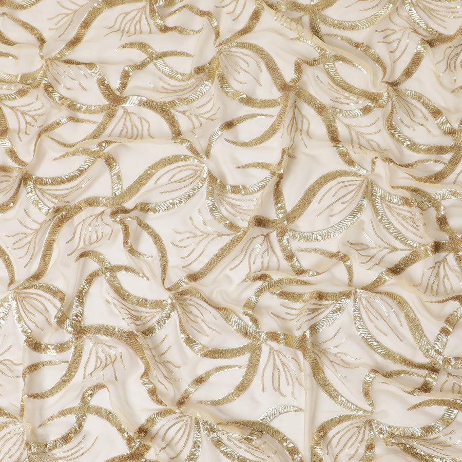 قماش شيفون من الحرير الخالص الذهبي الفاخر مع تطريز بالترتر بنفس اللون بتصميم تجريدي-D13619