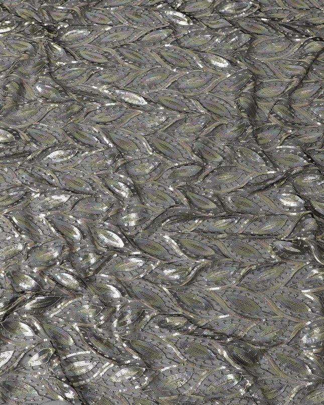 Black nylon tulle fabric with rainbow sequins and gold metallic embroidery inf leaf design