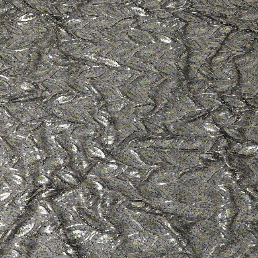 Black nylon tulle fabric with rainbow sequins and gold metallic embroidery inf leaf design