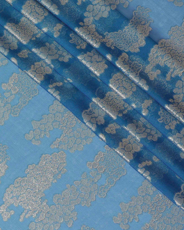 قماش شيفون حريري نقي فاخر باللون الأزرق والأخضر مع لوركس معدني ذهبي بتصميم فاخر -D10345