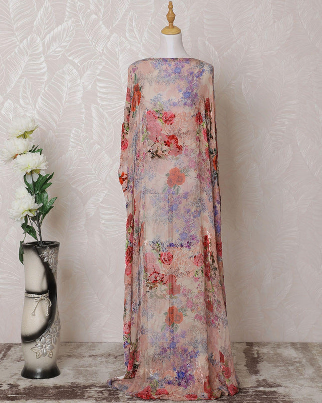 Peach Premium pure silk blended velvet makmal dirac fabric with multicolor print in floral design-D14862