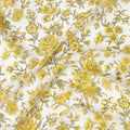 White silk crepe fabric with yellow and green prints in floral design - D9914