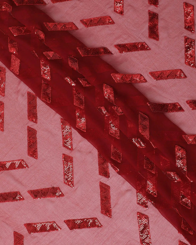 Crimson red premium pure silk chiffon fabric with same tone sequins embroidery in geometric design-D13624 Regal Fabrics