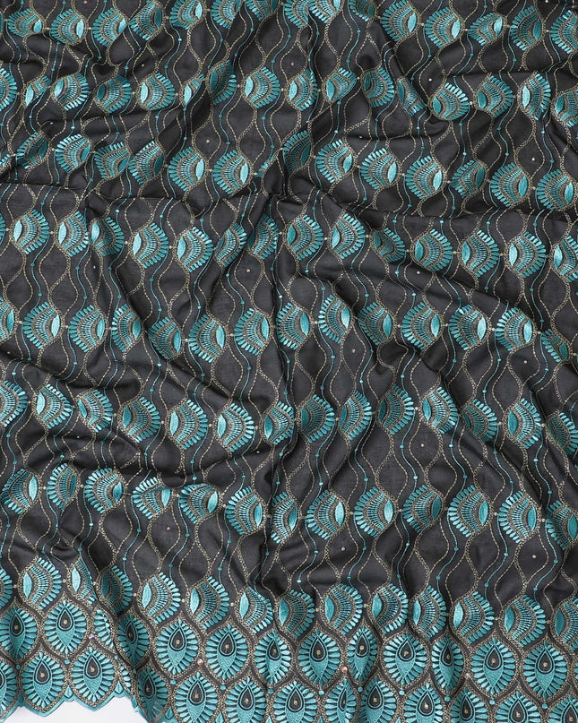 Black Premium pure 100% Swiss cotton voile (Sudanese Thobe) fabric with vista blue, gold embroidery having stone work in floral design-D13567