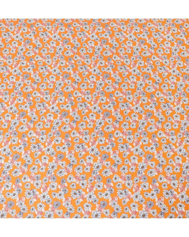 Orange cotton lawn fabric with off white, silver grey and copper brown print in floral design-D10848 Regal Fabrics