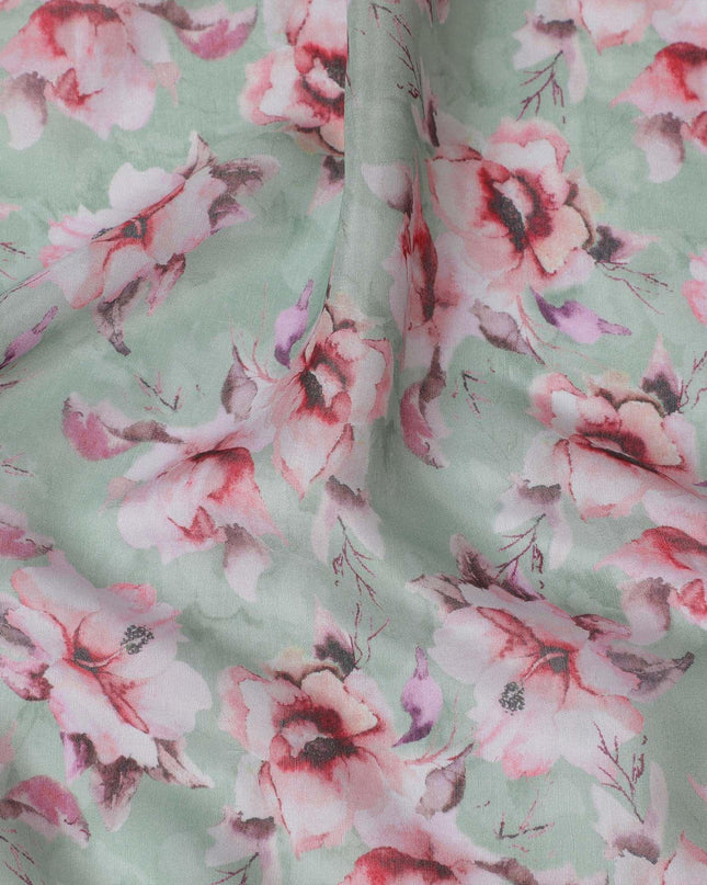 Sage green blended viscose fabric with multicolor print in floral design-D13312 Regal Fabrics