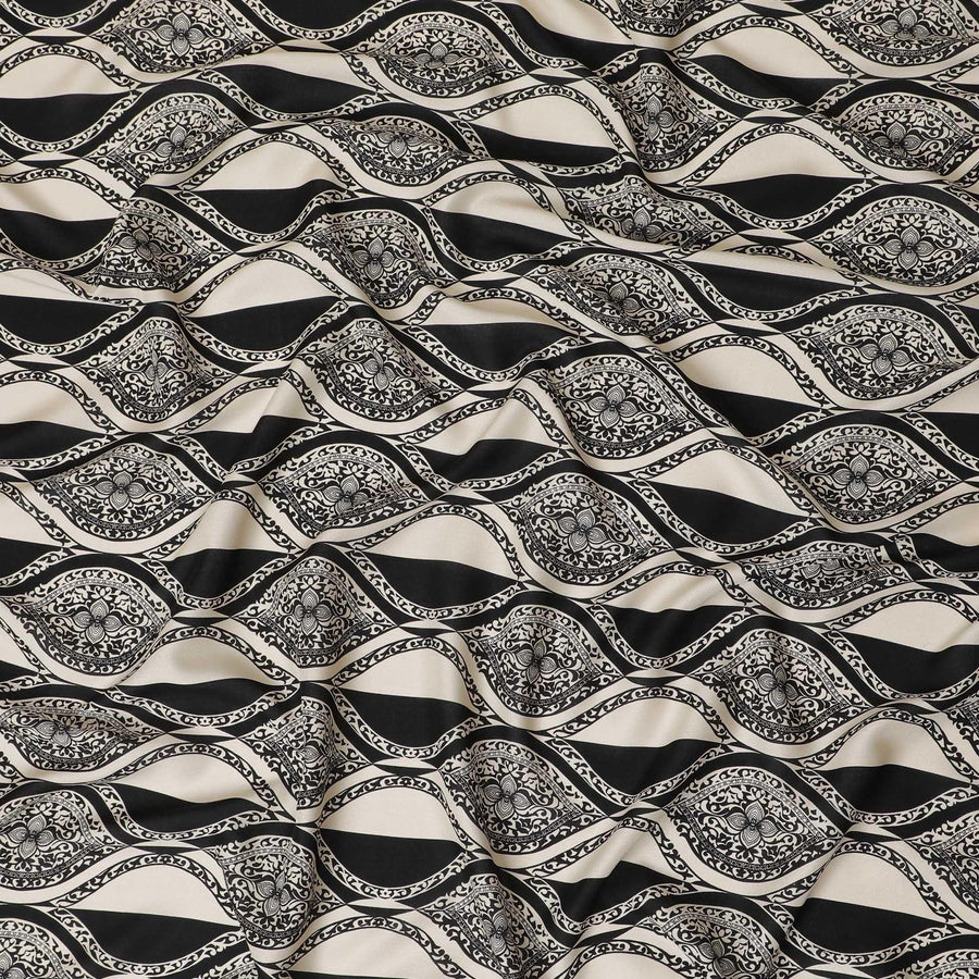 Cream Premium Italian viscose fabric with black print in abstract design-D12362 Regal Fabrics