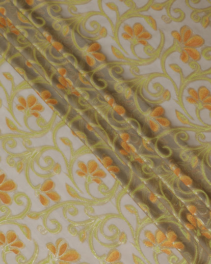 قماش شيفون حريري نقي فاخر بلون رمادي سيون مع فيسكوز أزرق وأخضر غامق مع لوريكس معدني ذهبي بتصميم زهور -D14645