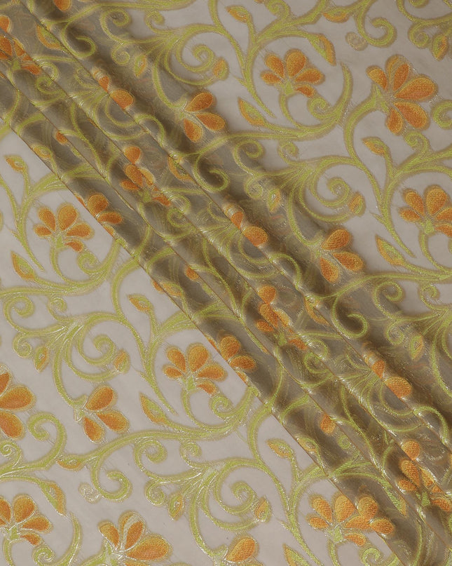 قماش شيفون حريري نقي فاخر بلون رمادي سيون مع فيسكوز أزرق وأخضر غامق مع لوريكس معدني ذهبي بتصميم زهور -D14645