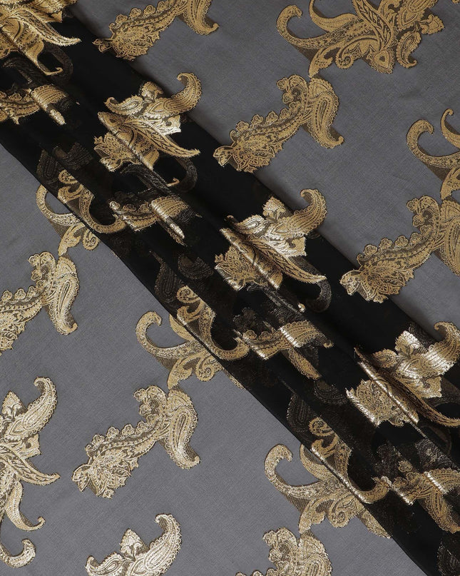 Black Premium pure French (Fransawi) silk chiffon fabric with gold metallic lurex in floral design-D14311