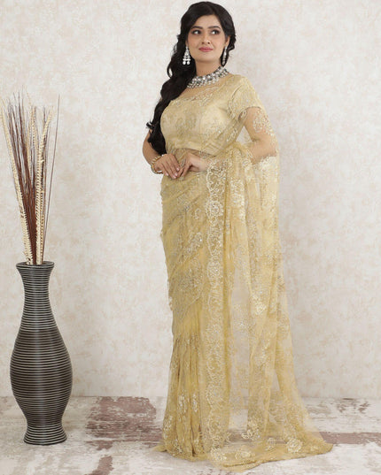 Gold Premium pure metallic French chantilly saree lace having stone work in floral design-D13515 Regal Fabrics