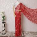 Scarlet red, gold Premium pure metallic French chantilly lace saree in floral design-D14910