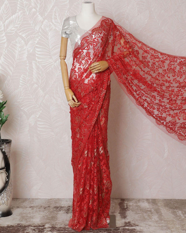 Scarlet red, gold Premium pure metallic French chantilly lace saree in floral design-D14910