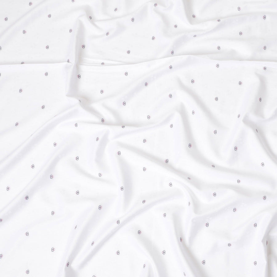 White Premium 100% Cotton shirting fabric having  same tone jacquard, baby pink and stone grey embroidery in abstract design-D9631