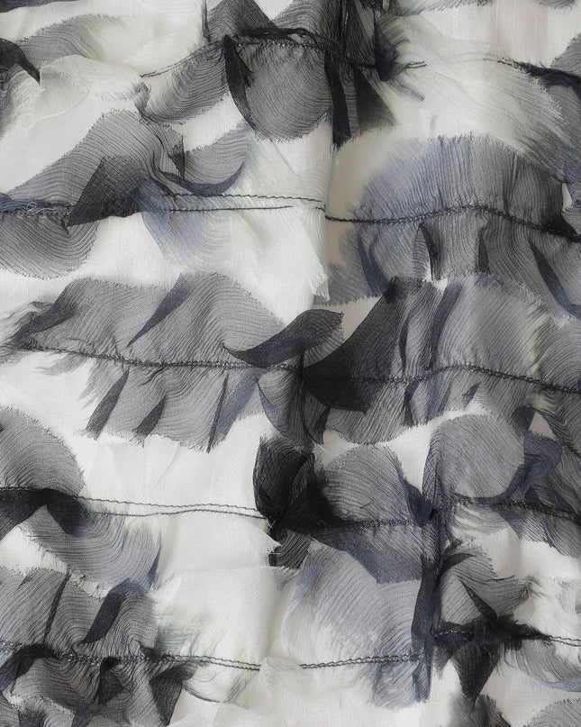 Cream, grey synthetic chiffon fabric with same tone and black patchwork in fancy design-D11706 Regal Fabrics