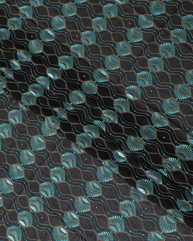 Black Premium pure 100% Swiss cotton voile (Sudanese Thobe) fabric with vista blue, gold embroidery having stone work in floral design-D13567