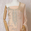 Light peach Premium pure silk crepe kameez with mint green embroidery, sequin work and stone work in floral design. Light peach plain salwar with same tone chiffon dupatta with same tone embroidery and bead work-D15577 Regal Fabrics