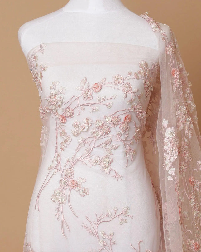 Peach Premium wedding nylon tulle fabric with same tone, beige embroidery, applique work, bead work and sequins in floral design-D7916 Regal Fabrics