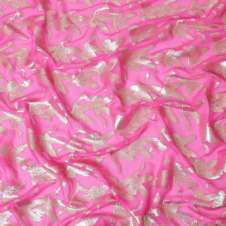 Fuchsia pink premium pure silk chiffon fabric with gold metallic lurex in fancy design-D10533