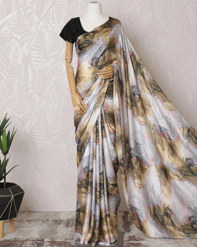 Multicolor printed synthetic satin saree having stone work in fancy deisgn-D15515 Regal Fabrics