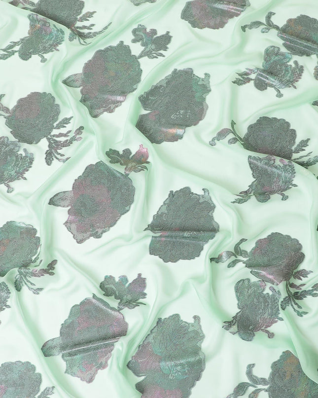 قماش الشيفون الحريري الخالص الفاخر باللون الأخضر النعناعي مع اللوريكس المعدني متعدد الألوان بتصميم الأزهار-D9699