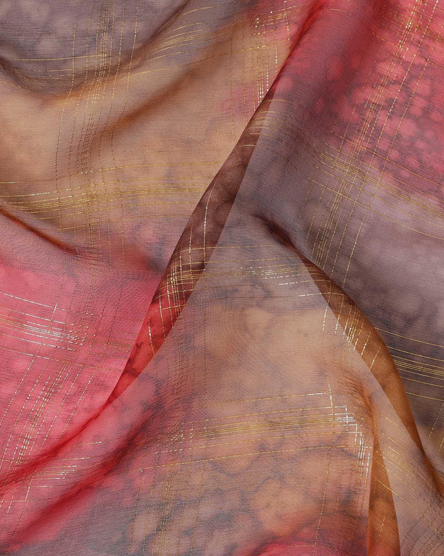 قماش شيفون من الحرير الخالص متعدد الألوان مع لوريكس معدني ذهبي بتصميم مربعات -D11408