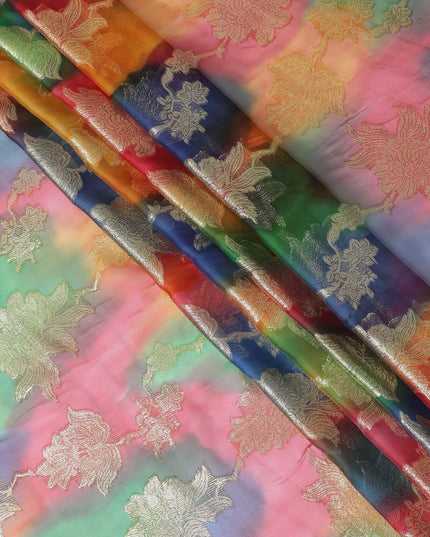 قماش شيفون حريري فرنسي (فرنساوي) فاخر متعدد الألوان مع لوركس معدني ذهبي بتصميم زهور-D14005