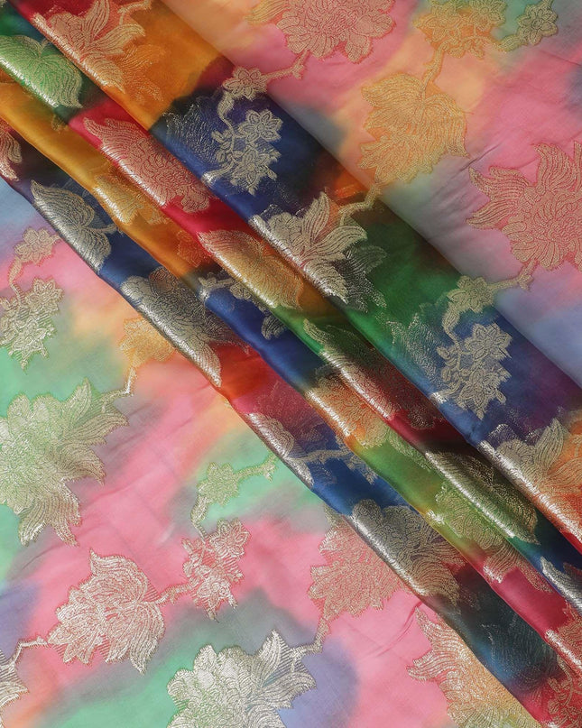 قماش شيفون حريري فرنسي (فرنساوي) فاخر متعدد الألوان مع لوركس معدني ذهبي بتصميم زهور-D14005