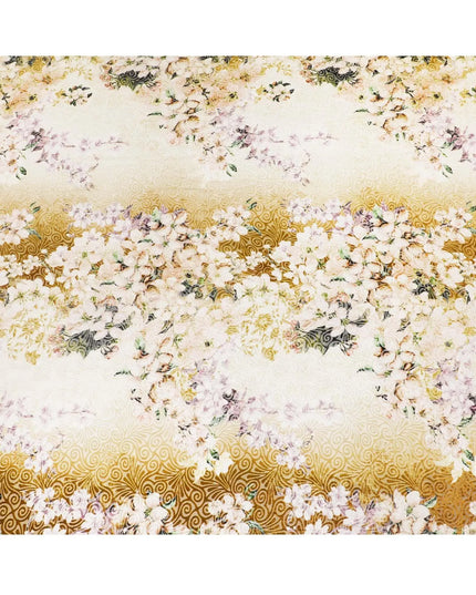 White Premium Italian silk chiffon dirac (makmal) fabric with multicolor print having velvet jacquard in floral design-D8697 Regal Fabrics