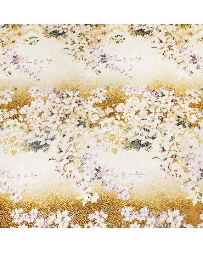 White Premium Italian silk chiffon dirac (makmal) fabric with multicolor print having velvet jacquard in floral design-D8697 Regal Fabrics