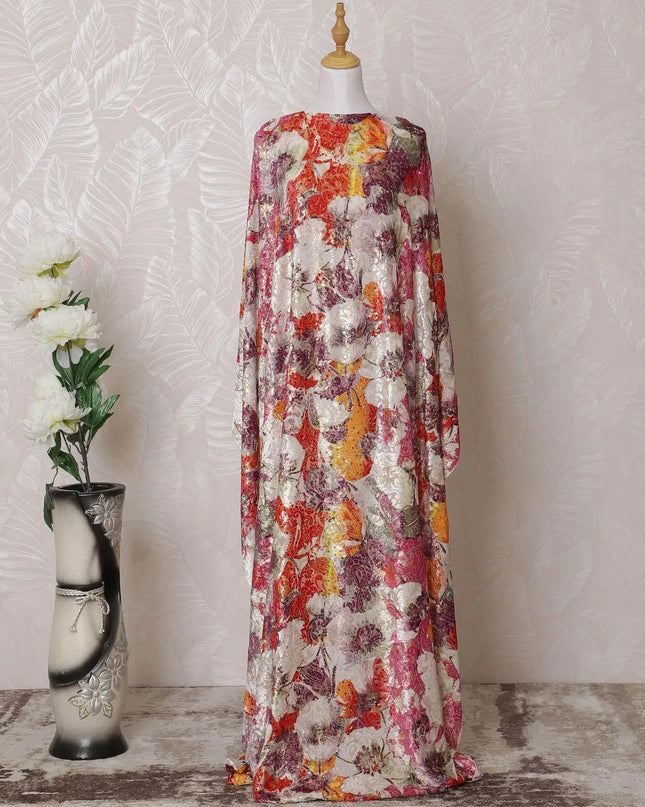 Off white Premium pure silk blended velvet fabric with multicolor print having gold foil and stone work in floral design-D14887 Regal Fabrics