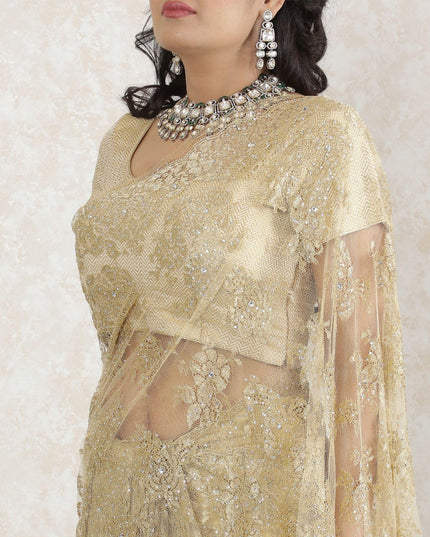 Gold Premium pure metallic French chantilly saree lace having stone work in floral design-D13516 Regal Fabrics