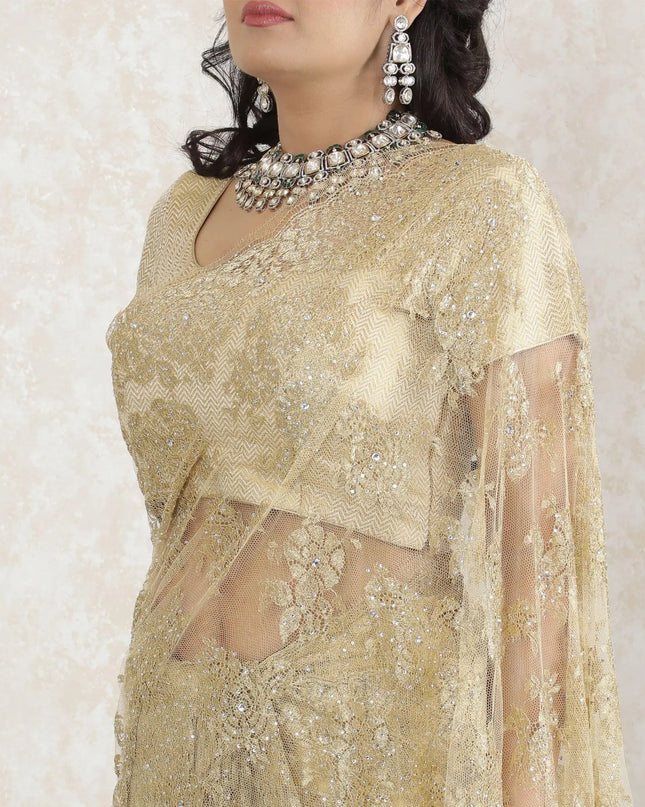 Gold Premium pure metallic French chantilly saree lace having stone work in floral design-D13516 Regal Fabrics