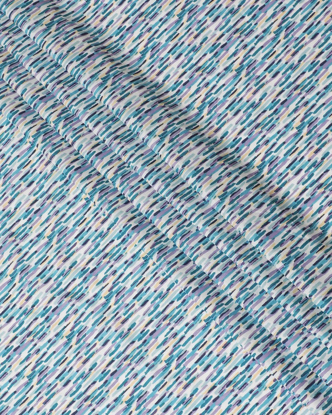 Off white cotton lawn fabric withbaby blue, lavender and navy blue print in fancy design-D15230 Regal Fabrics