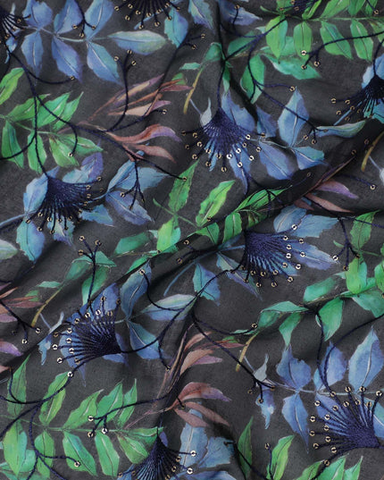 قماش الفوال القطني الخالص الفاخر باللون الأزرق الداكن مع طباعة متعددة الألوان مع تطريز بنفس اللون والترتر بتصميم الأزهار-D13256