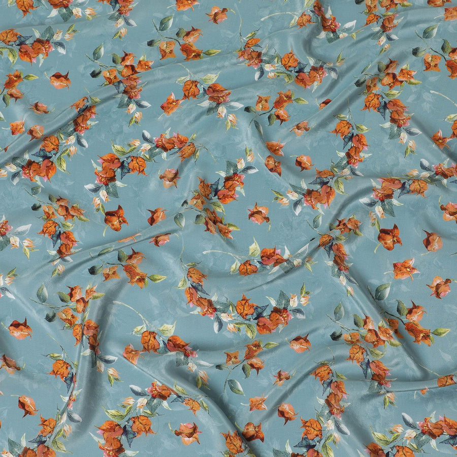 Turkish blue viscose crepe fabric with multicolor print in floral design-D13815
