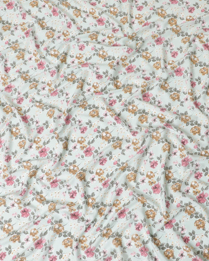 Tea green sustainable Tencel rayon fabric with sandy brown, olive green, off white and taffy pink print in floral design-D10651