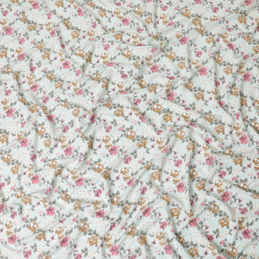 Tea green sustainable Tencel rayon fabric with sandy brown, olive green, off white and taffy pink print in floral design-D10651