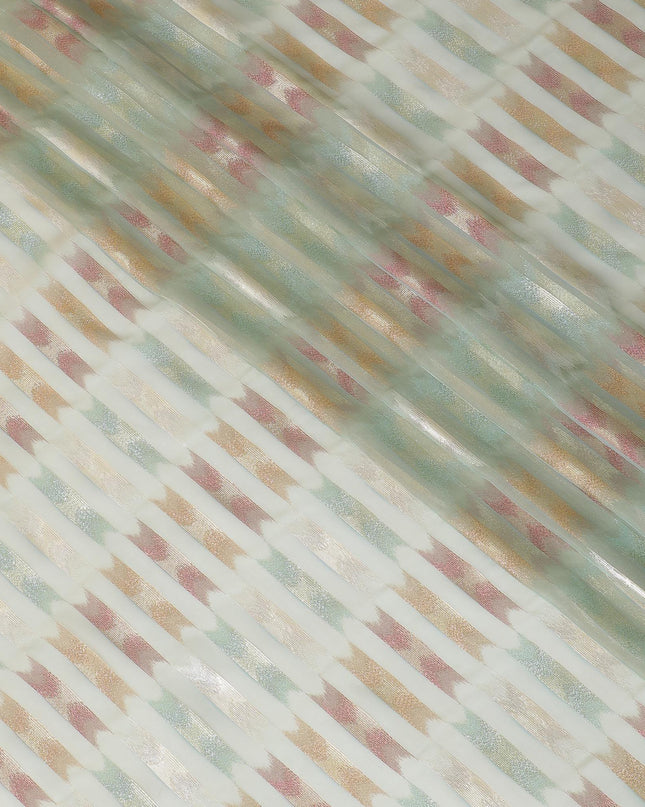 قماش شيفون من الحرير الخالص الفاخر باللون الأخضر الغار مع لوريكس معدني متعدد الألوان بتصميم تجريدي-D10041