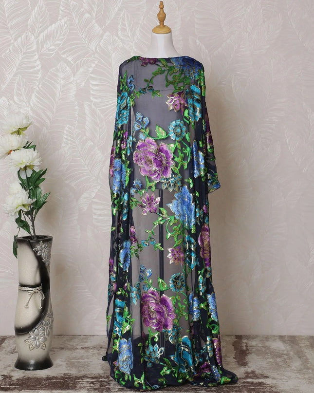 Navy blue, multicolor Premium pure silk blended velvet makmal dirac fabric with gold metallic lurex in floral design-D14871 Regal Fabrics