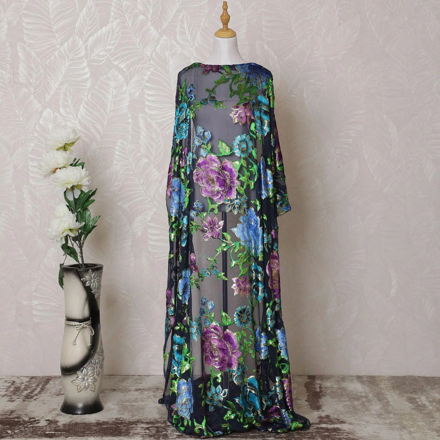 Navy blue, multicolor Premium pure silk blended velvet makmal dirac fabric with gold metallic lurex in floral design-D14871 Regal Fabrics