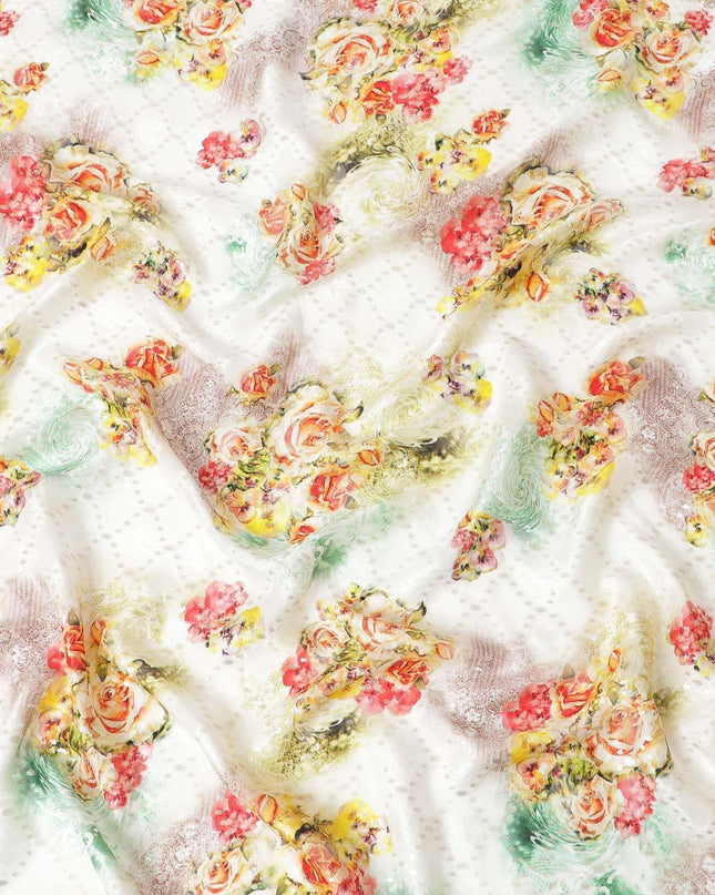 قماش من الشيفون الحريري باللون الأبيض الفاتح مع طباعة متعددة الألوان بتصميم الأزهار مع اللوريكس المعدني الذهبي -D6954